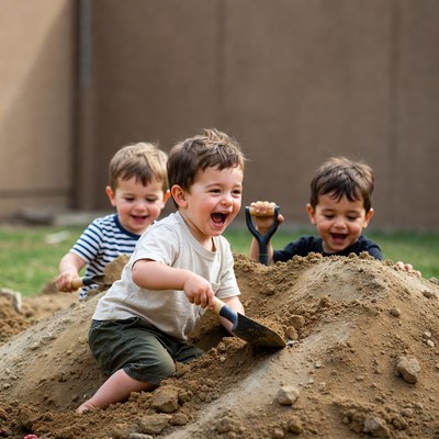 Boys playing with shovels in sand pile