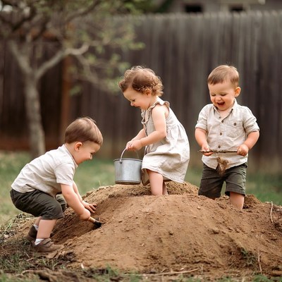 Toddlers playing in sand pile outdoors