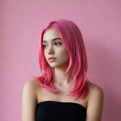 Woman with pink hair on pink background