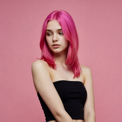Woman with pink hair in black tube top