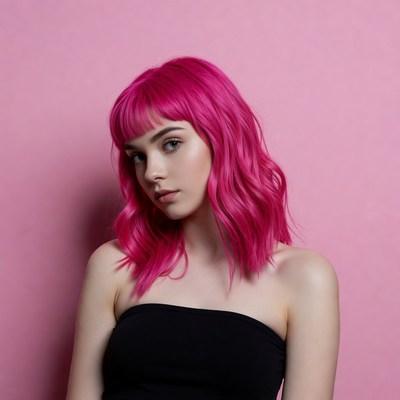 Woman with pink hair on pink background