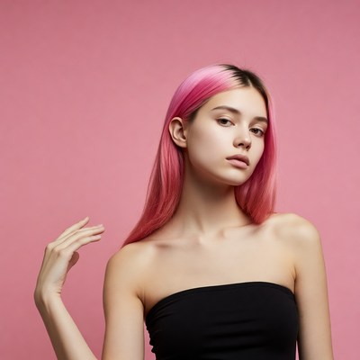 Woman with pink hair on pink background