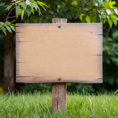 Blank wooden sign in green garden