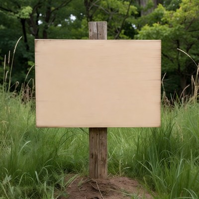 Blank wooden sign in green forest