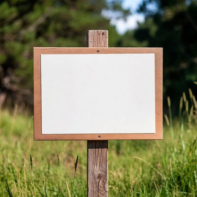 Blank wooden sign in grassy field