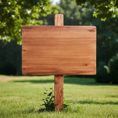 Blank wooden sign in green park