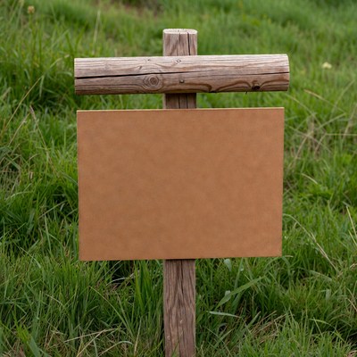 Wooden signpost with blank board in grass