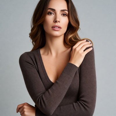 Woman in brown V-neck sweater