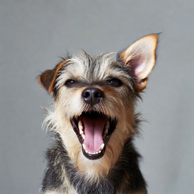 Wirehaired dog yawning widely