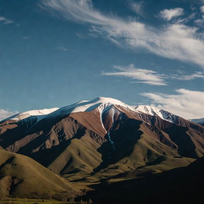 Snow-capped mountain with green valleys