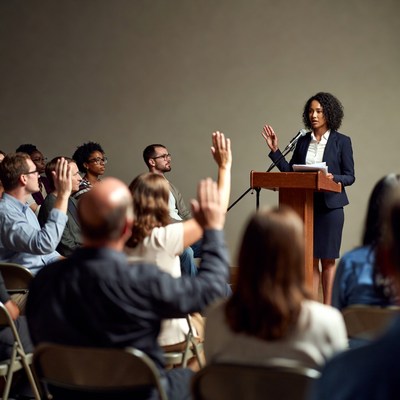 African-American woman speaking at podium
