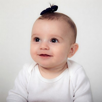 Baby girl with blue bow smiling