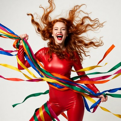 Redhead woman holding colorful ribbons