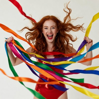 Redhead woman holding colorful ribbons