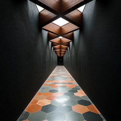 Wooden Beamed Hallway with Hexagonal Tiles