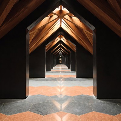 Wooden Arched Hallway with Hexagonal Floor