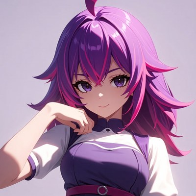 Anime girl with purple hair smiling