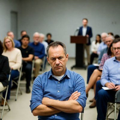 Man standing with arms crossed at conference