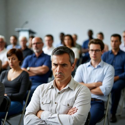 Man arms crossed in conference audience