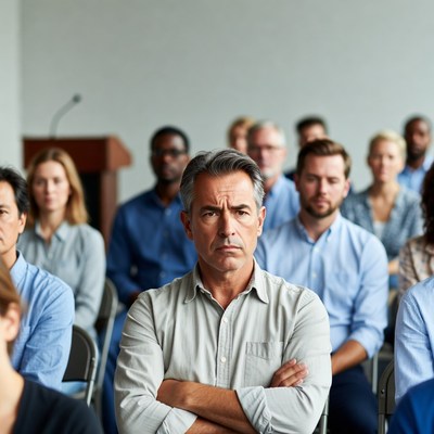 Man with arms crossed in meeting