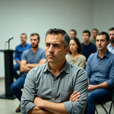 Man with arms crossed in meeting