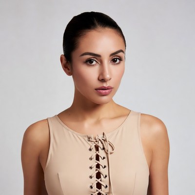 Woman in lacy beige tank top