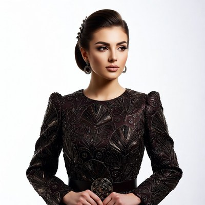 Woman in embroidered black dress