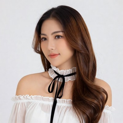 Asian woman in off-shoulder top with choker