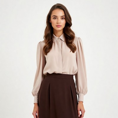 Woman in beige blouse brown skirt