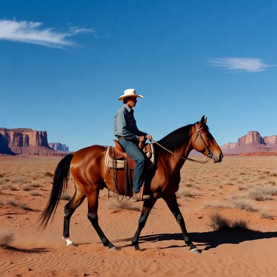 Cowboy riding horse in desert