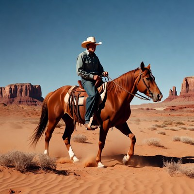 Cowboy riding horse in desert