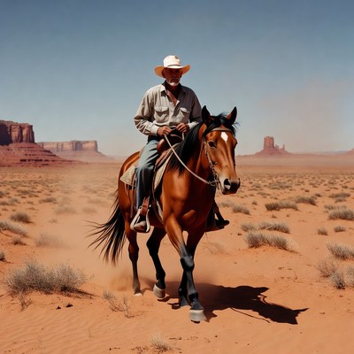 Cowboy riding horse in desert