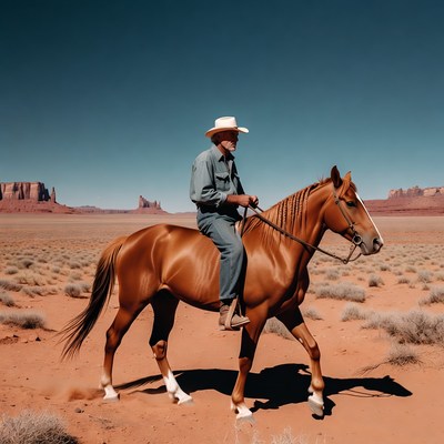 Cowboy riding horse in desert