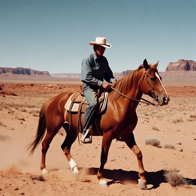 Cowboy riding horse in desert