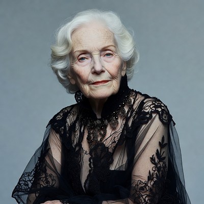Elderly woman in black lace dress