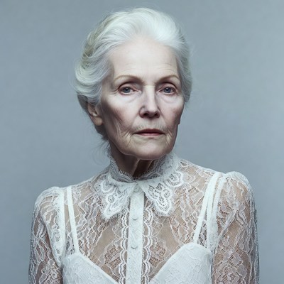Elderly woman in white lace blouse
