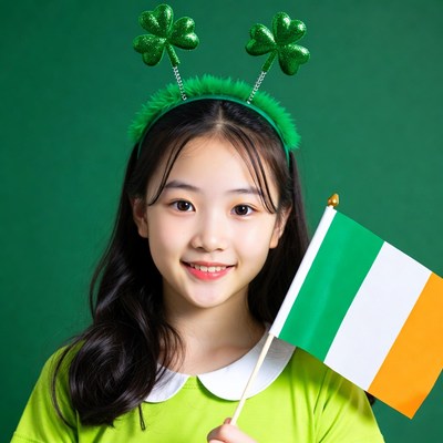 Asian girl with shamrocks holding Irish flag