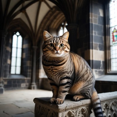 Tabby cat sitting on stone ledge