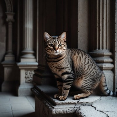 Tabby cat sitting on stone steps