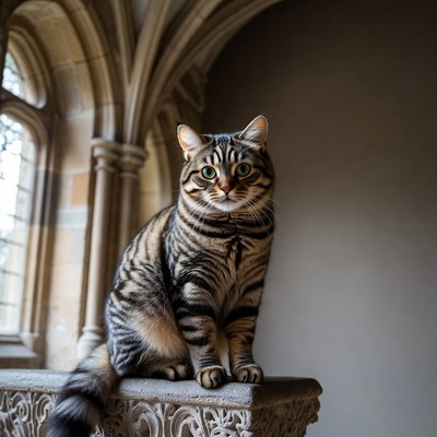 Tabby cat on stone ledge in cathedral