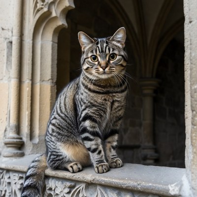 Tabby cat sitting in gothic window