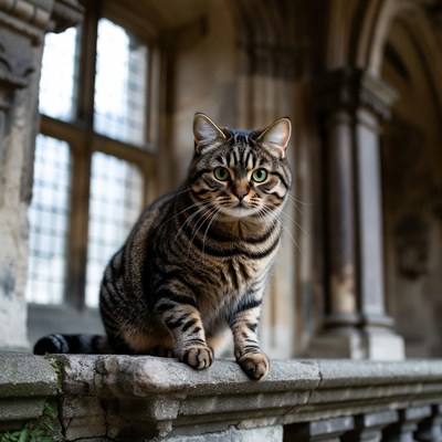 Tabby cat sitting on stone ledge