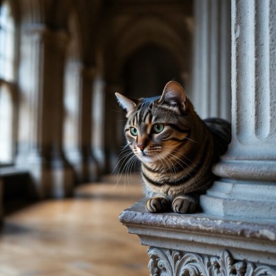 Tabby cat on stone column