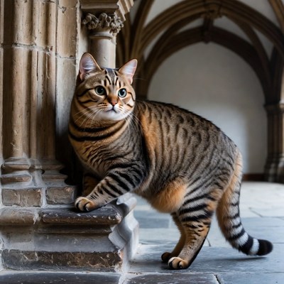 Tabby cat leaning on gothic pillar