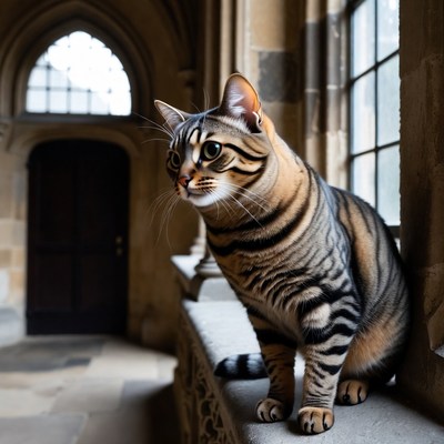Tabby cat sitting on stone ledge