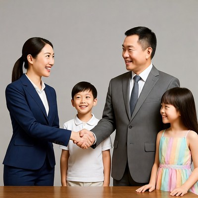 Asian family shaking hands with businesswoman
