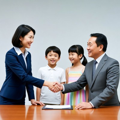 Asian family shaking hands with agent