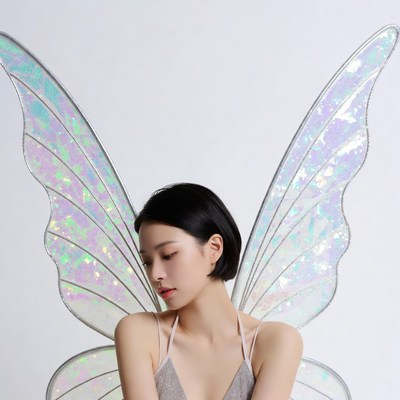 Asian woman with iridescent fairy wings