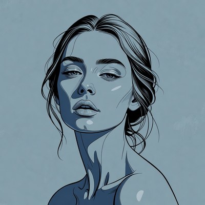 Blue-toned illustration of woman with half-closed eyes