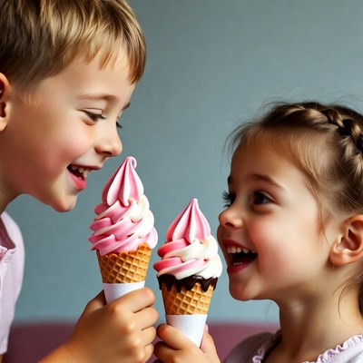 Boy and girl sharing ice cream cones